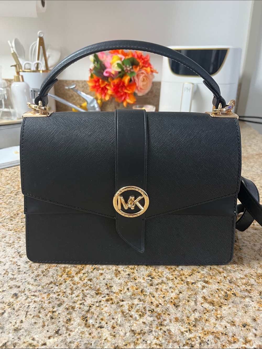Michael Kors Black Leather Top Handle Satchel with Gold MK Accent